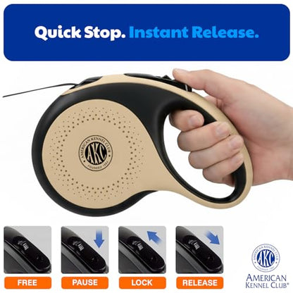 American Kennel Club Heavy Duty Retractable Dog Leash, 16.4ft, Tangle-Free, Ergonomic Grip, One-Hand Brake, for Medium & Large Dogs up to 110 lbs Tan