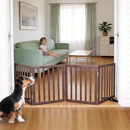 ZJSF Freestanding Indoor Dog Gate for House Foldable Wood Puppy Gate for Doorways Pet Gate for Stairs Extra Wide Pet Fence, Brown, 24" Height 4 Panels - color: Brown, size: 【4 Panels】80''w x 24''h