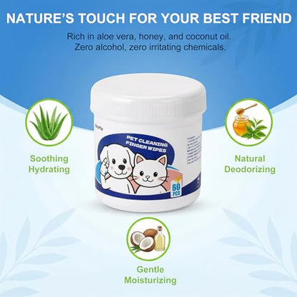 Vet-Recommended Dog & Cat Finger Wipes, Coconut Scent 60 Count, Gentle Dental Wipes Freshen Breath, Remove Plaque & Tartar, Clean Tear Stains & Ears, Replace Toothbrush & Paste for Timid Shy Pets