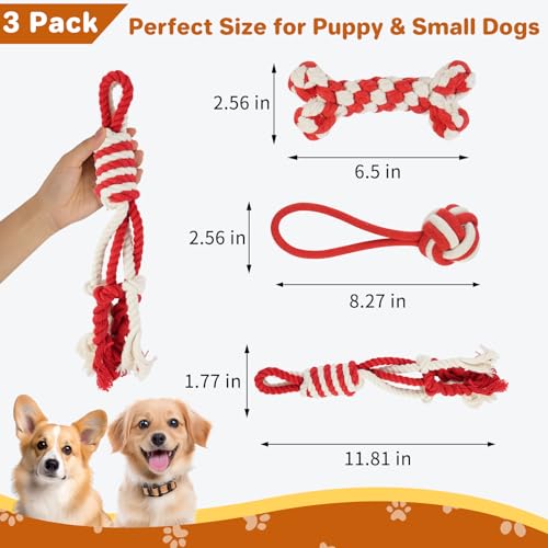 3 Pack Cotton Rope Dog Toy Set, Indestructible Chew Toys for Aggressive Chewers, Puppy Teething Toys with Bone, Human & Rope Dog Ball Designs for Boredom Relief & Tug of War， Red-White - style: Red-White suit（3 pack）