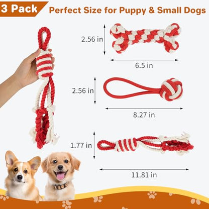 3 Pack Cotton Rope Dog Toy Set, Indestructible Chew Toys for Aggressive Chewers, Puppy Teething Toys with Bone, Human & Rope Dog Ball Designs for Boredom Relief & Tug of War， Red-White - style: Red-White suit（3 pack）