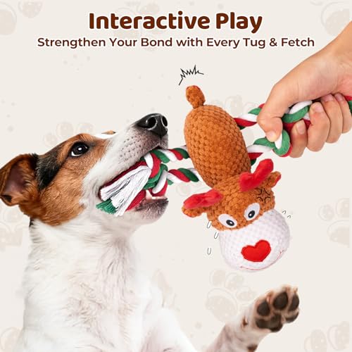 Plush Rope Reindeer Dog Toy – Durable Squeaky Tug Toy for Small, Medium Dogs, Interactive Chew & Fetch Puppy Toy - color: Christmas Colors