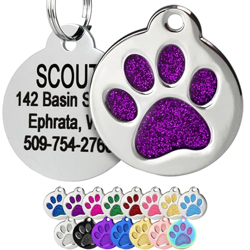 GoTags Paw Print Round Stainless Steel Pet Tag for Dogs and Cats, Personalized with 4 Lines of Custom Engraved ID Name and Number, in Stainless Steel and 15 Colors Small and Large, Glitter Purple - color: Glitter Purple, size: Small w/o Silencer