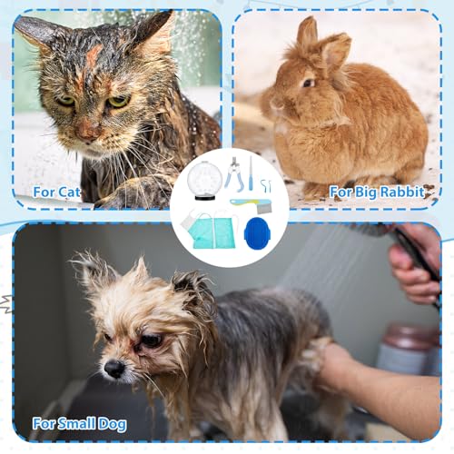 8 Pcs Cat Muzzle Set with Adjustable Cat Bathing Bag, Breathable Muzzle Pet for Shower Grooming Brush Tick Remover Tool Nail Clipper Nail File for Dog, Bunny Cleaning Trimming(M Size,Blue) - size: M Size