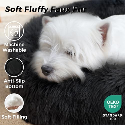 Calming Round Dog Bed & Cat Bed with Anti-Slip Bottom, Medium Size Washable Anti-Anxiety Donut Dog Beds for Small Dogs & Cats, Fluffy Plush Soft Dog Bed(24 Inch, Black) - color: Black, size: 24"l x 24"w x 8"th