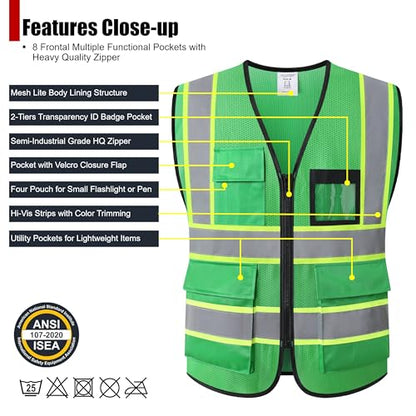Reflective Safety Vest for Men Women Hi Vis Vest with 8 Pockets High Visibility Mesh Reflective Vest Meets ANSI/ISEA Standards (Green-07,Large) - color: Green, size: Large