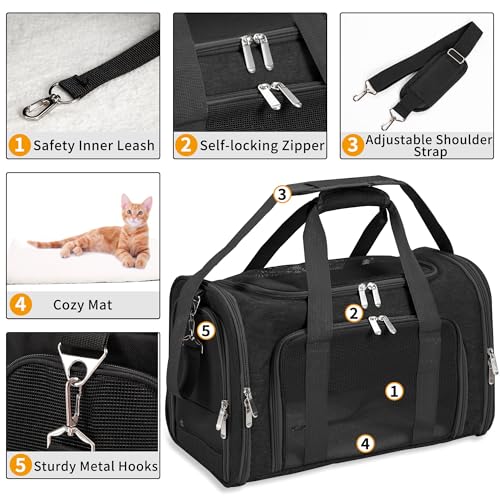 Soft-Sided Cat/Dog/Pet Carrier, Collapsible Pets Travel Carriers for Big Cats/Small Dogs with Shoulder Strap & Removable Mat, Mesh Puppy Carry Bag, Up to 25 Lbs(Black) - color: BLACK, size: 20"L x 13"W x 13"H