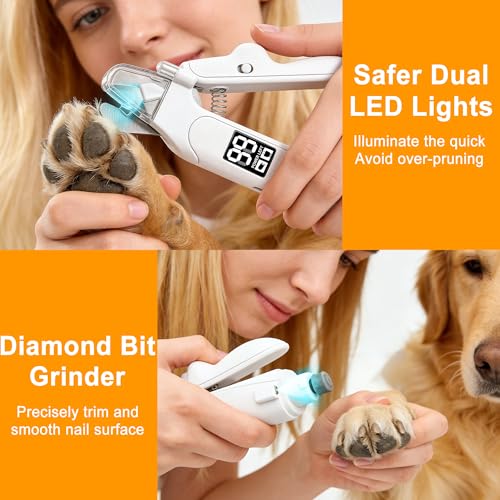 Dog Nail Clippers and Grinder with LED Light, 2-in-1 Professional Electric Pet Nail Trimmer, Quiet & Rechargeable Paws Grooming Tool for Small, Medium, Large Dogs & Cats