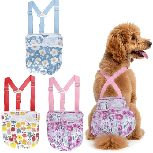 3 Pack Washable Female Dog Diapers with Suspender - Reusable Super Absorbent & Leakproof Fixed Doggie Diapers for Dogs in Heat Cycle - size: XS