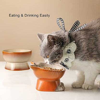 Nihow Elevated Cat Bowls,5 Inch Ceramic Raised Cat Food and Water Bowl Set | Slanted,Whisker Friendly,for Protecting Pet's Spine,Microwave & Dishwasher Safe ,Elegant Brown 4.5 OZ, Set of 2 - color: Brown, size: 4.5 OZ+8 OZ