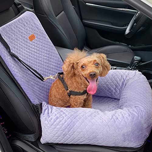 Dog Car Seat for Small Medium Dogs Pet Up to 40 lbs Purple | Detachable Washable, Soft Pet Booster Travel Bed for Front & Seat with Safety Leash Belt - color: Purple