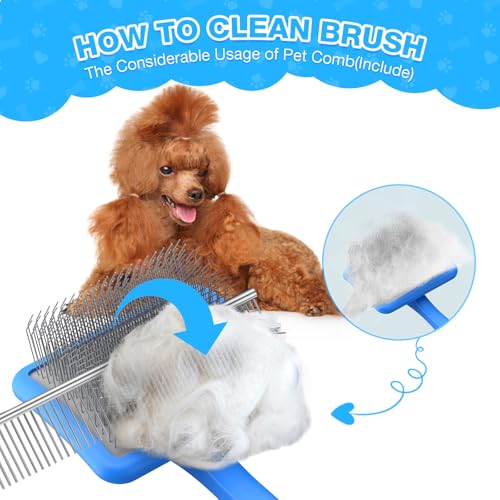 Large Slicker Brush, 2Pc Doodle Grooming Kit with Comb,Blue | With two leather protective covers; ideal for Poodles, Labradoodles; extra long pin; premium wooden handle; removes mats. - color: Blue