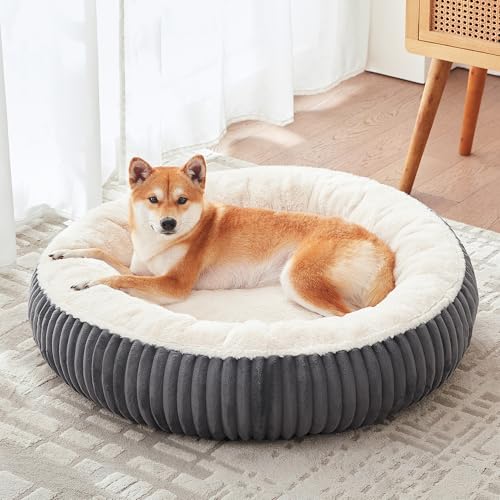 33 inches Donut Dog Bed for Medium Large Dogs,Calming Round Pet Bed with Removable Cover,Washable Milk Plush Faux Fur, Fits up to 50 lbs Pets(Charcoal,M Plus) - color: Charcoal, size: 33.0"L x 33.0"W x 8.0"Th