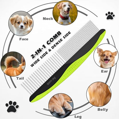 3PCS Pet Grooming Rake & Metal Comb & Flea Comb for Cats and Dogs, Double-Sided Dematting Tool, Extra-Wide Deshedding Dog Brush for Long Hair to Effectively Remove Tangles, Knots and Mats (Green) - color: C-Green