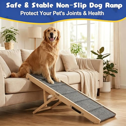 Extra 51.2" Long Dog Ramp for Bed & Couch - Adjustable Height 9.5" to 24" Wooden Non-Slip Pet Ramp, Portable Foldable Doggie Car Ramp for Small Medium Large Older Dogs, 200 LBS Load