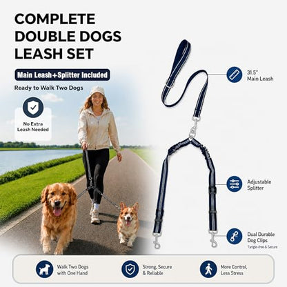 Double Dog Leash for Two Dogs, Complete Set with 31.5" Main Leash + Adjustable Splitter, Padded Handle, D-Ring, 360° Swivel, Shock-Absorbing Bungee, Reflective for Small Medium Large Dogs (Black) - color: Black