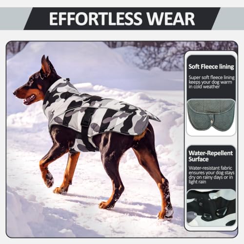 DENTRUN Warm Dog Winter Coat, Easy On Reflective Turtleneck Fleece Jacket | Adjustable buckle, easy on off, windproof & water-repellent, thick fleece snowsuit, outfit fits small to large breeds - color: White Camouflage, size: Small