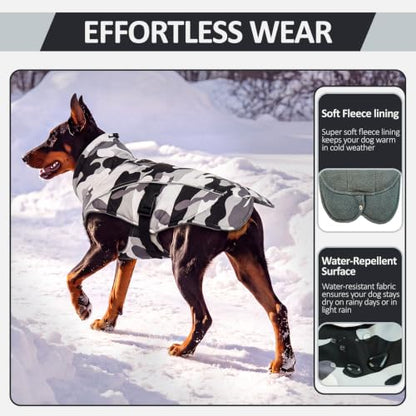 DENTRUN Warm Dog Winter Coat, Easy On Reflective Turtleneck Fleece Jacket | Adjustable buckle, easy on off, windproof & water-repellent, thick fleece snowsuit, outfit fits small to large breeds - color: White Camouflage, size: Small