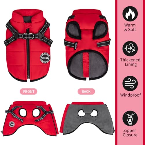 Dog Winter Coat, Warm Dog Jacket Reflective Adjustable Fleece Vest with Harness Built in, Windproof Pet Snow Jacket Snowsuit with Zipper for Small Medium Dogs, Red XS - color: Red, size: X-Small