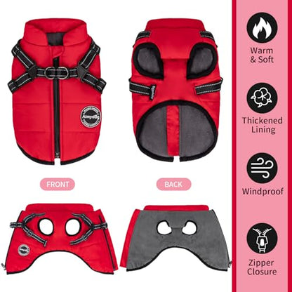 Dog Winter Coat, Warm Dog Jacket Reflective Adjustable Fleece Vest with Harness Built in, Windproof Pet Snow Jacket Snowsuit with Zipper for Small Medium Dogs, Red XS - color: Red, size: X-Small