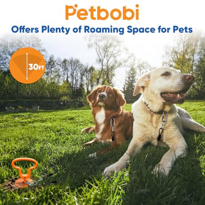 Petbobi Dog Tie Out Cable & Stake, Heavy Duty 30FT Lead for 300lbs Dog | Escape-Proof Screw-Lock, 6mm Chew-Proof Tether, 16.5" Stake, 360° Swivel, 5-In-1 Set with Rod, Yard Beach & Camping Outside - size: 30ft