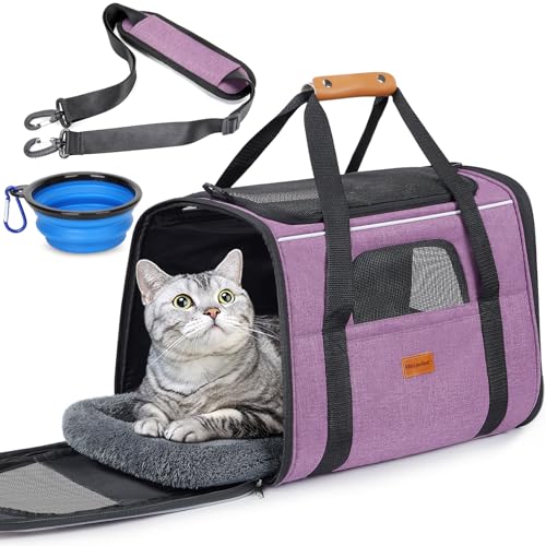 Morpilot Pet Travel Carrier Bag, Soft-Sided Dog Carrier Cat Carrier Pet Carrier, for Large Cats and Medium Puppies up to 25lbs, with Locking Safety Zippers, Foldable Bowl (Purple) - color: Purple, size: 18.0"L x 12.5"W x 14.0"H