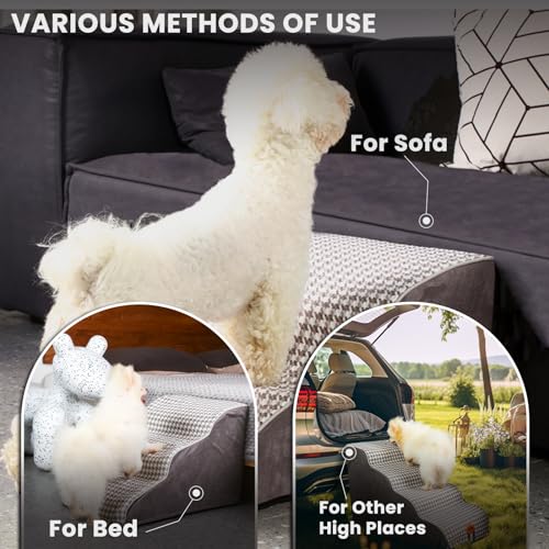 Laifug Curved Dog Stairs for Small Dogs, 3-Step Pet Stairs for High Beds and Couch, Non-Slip Balanced Dog Indoor Step with High Density Foam, Houndstooth Double Layer Dog Staircase