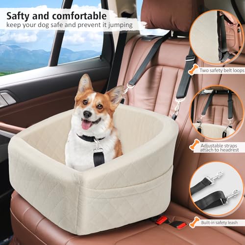 NEEZUKAR Dog Car Seat for Small Medium Dogs,Detachable Washable Dog Booster Seat Under 30lbs, Pet Car Seat Travel Bed with Storage Pockets and Dog Safety Belt (White) - color: White