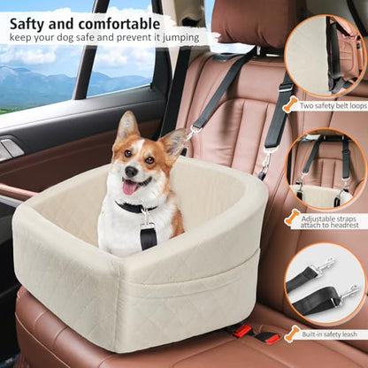 NEEZUKAR Dog Car Seat for Small Medium Dogs,Detachable Washable Dog Booster Seat Under 30lbs, Pet Car Seat Travel Bed with Storage Pockets and Dog Safety Belt (White) - color: White