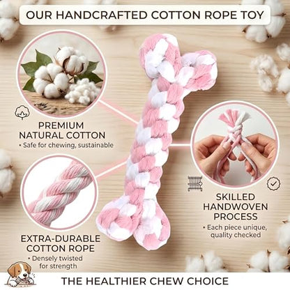Bone-Shaped Dog Rope Chew Toy, Pink & White | Bone-Shaped Chew Toy, Durable Cotton Rope, For Teething, Training, Interactive Play, Small to Medium Dogs