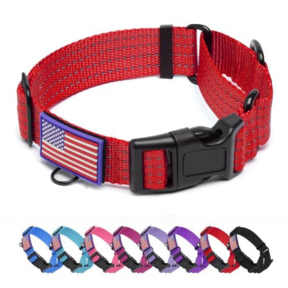 Martingale Dog Collar, Reflective No Pull Training Collar with Quick Release Buckle & USA Flag, Heavy-Duty Nylon, Adjustable for Small Medium Large Dogs (M,Red with Flag - color: Red with Flag, size: M (1" x 15.5"-19.5")