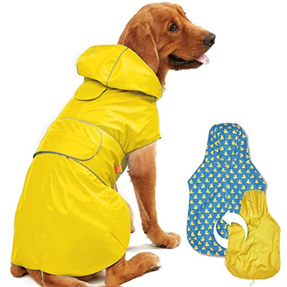 Kimee Dog Raincoat Reversible, Single Side Slicker Poncho Adjustable Waterproof Dog Rain Jacket with Leash Hole/Reflective Stripe Hooded Snowproof Windproof Clothes for Small to 3X-Large Dogs, 2XL - color: Yellow, size: 2X-Large