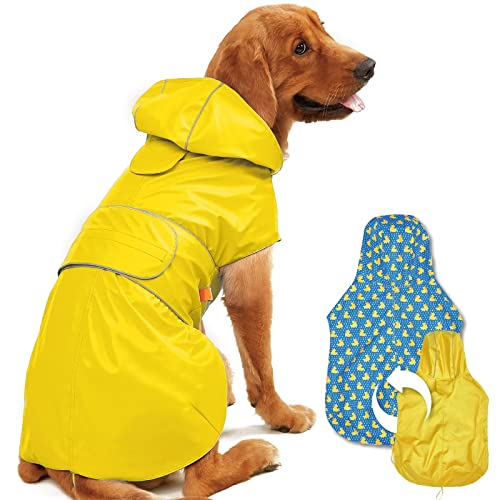 Kimee Dog Raincoat Reversible, Single Side Slicker Poncho Adjustable Waterproof Dog Rain Jacket with Leash Hole/Reflective Stripe Hooded Snowproof Windproof Clothes for Small to 3X-Large Dogs, XL - color: Yellow, size: X-Large