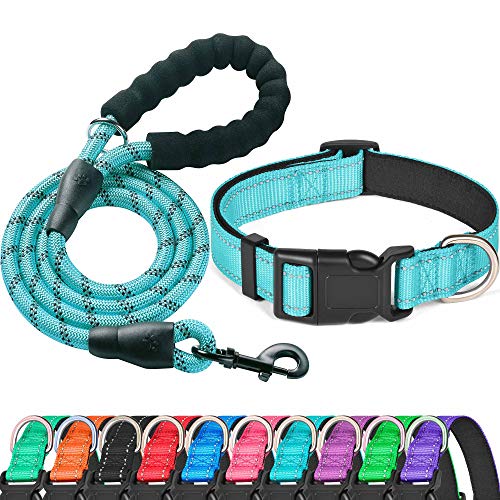 Ladoogo Reflective Dog Collar Padded with Soft Neoprene Breathable Adjustable Nylon Dog Collars for Small Medium Large Dogs (X-Small (Pack of 1), Blue Collar+Leash) - color: Blue Collar+Leash, size: X-Small (Pack of 1)