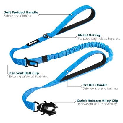PetBonus Heavy Duty Tactical Dog Leash, 5 FT Bungee Shock Absorption Leash with 2 Padded Handles, Quick Release Metal Clip, Car Seatbelt, No Pull Training Lead for Large Medium Dogs（Light Blue） - color: Light Blue