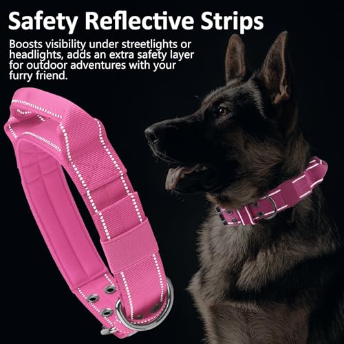 Tactical Dog Collar with Control Handle, Military Adjustable Pet Collar Reflective Heavy Metal Buckle Dog Collar, Soft Nylon Training Collar for Medium Large Dogs (Rose Red, Large) - color: Rose Red, size: Large