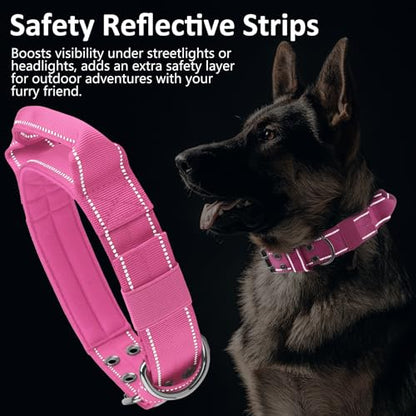 Tactical Dog Collar with Control Handle, Military Adjustable Pet Collar Reflective Heavy Metal Buckle Dog Collar, Soft Nylon Training Collar for Medium Large Dogs (Rose Red, Large) - color: Rose Red, size: Large