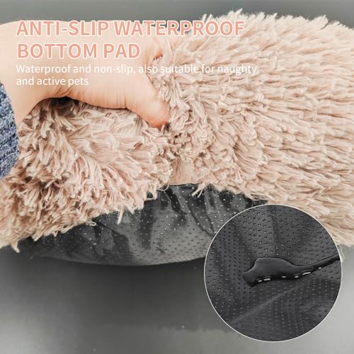 Deluxe Calming Dog Bed for Small Medium Dogs & Cats - Anti-Anxiety Donut Cuddler Cozy Warm Soft Fluffy Faux Fur Round Beds Sizes 20" Puppy Bed (Khaki, X-Small)
