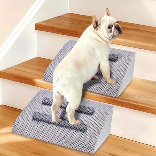 Dog Ramp for Stairs with Anti-Slip Bump for Small & Senior Dogs and Cats – Stair Wedges for Dogs with Gentle Slope, Pet Ramp with Washable Cover & Self-Sticky Pads for Safe Climbing (Gray, 2 Pack) - size: Gray 2-Pack