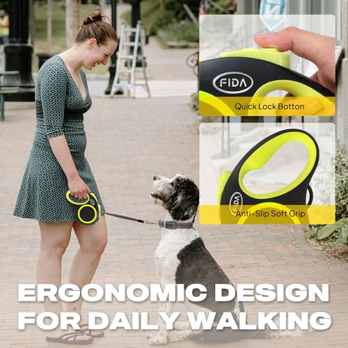 Fida Retractable Dog Leash, Reflective 16ft Heavy Duty Pet Walking Leash for Small/Medium Dog up to 26 lbs, Tangle Free. One-Hand Brake (Small, Neon Yellow) - color: Neon Yellow, size: Small