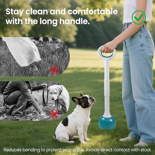Dog Pooper Scooper Portable with Bag Attachment, One Handed Foldable Design, Includes 120 Waste Bags and Dispenser, 28 Inch Handle for Grass Yard Gravel Cleanup (Green) - color: 28in + Green + 120 garbage bags + dispenser