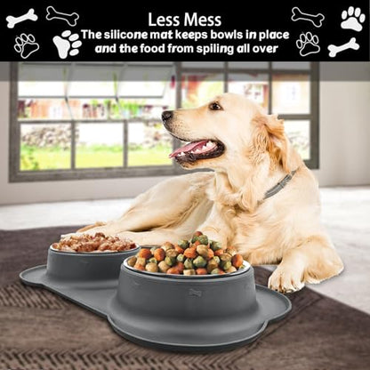 AsFrost Dog Food Bowls, BPA Free Stainless Steel Dog Food and Water Bowl Set, 2 Large Dog Bowls with No Spill Non-Skid Silicone Mat, Dog Dishes for Medium Large Sized Dogs Pet Bowls, 6 Cup, Grey - color: Grey, size: 6 Cup/50 oz each