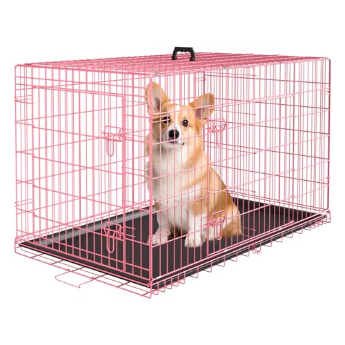 PayLessHere Large Dog Crate Kennel for Medium Large Dogs 30 inches Metal Dog Cage Double-Door Folding Travel Indoor Outdoor Puppy Playpen with Divider and Handle Plastic Tray,Pink - color: Pink, size: 30.0"L x 18.0"W x 20.0"H