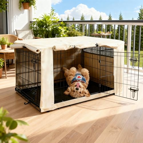 HiCaptain Dog Crate Cover 30.0" L x 19.0" W x 21.0" H with Breathable Mesh, Durable Heavy Duty Kennel Cover, Dual Zippered Panels, Windproof Waterproof UV-Resistant(Beige) - color: Beige, size: 30.0"L x 19.0"W x 21.0"H