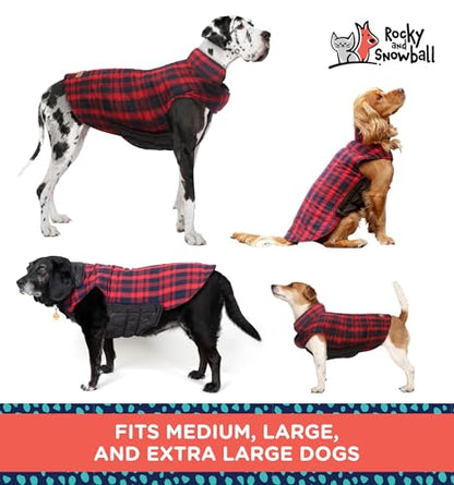 Rocky 2-in-1 Reversible Dog Jacket - Medium & Large Sizes, Waterproof Snow Jacket for Cold Weather - color: Red Tartan, size: Medium