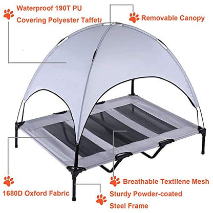 Elevated Dog Bed with Removable Canopy w/Convenient Carrying Bag Indoor Shade 1680D Portable Raised Oxford Fabric Outdoor Cooling Dog Cot Cat Bed Pet Tent for Camping (48", Grey)