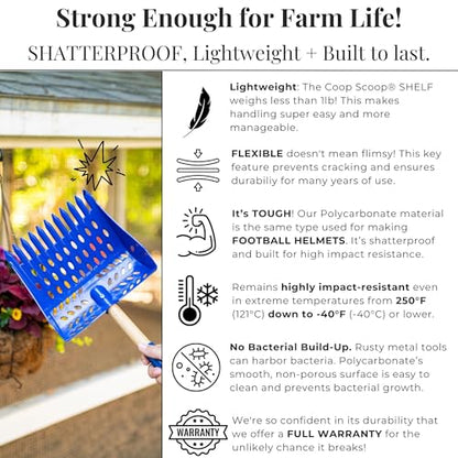 The Coop Scoop® Shelf 2-in-1 Chicken Poop Scooper & Rake – Made in The USA, Durable Sand Sifting Litter Shovel for Chicken Coops & Small Farm Animals (Shelf 10" Handle) - size: SHELF 10" Handle