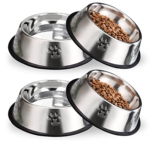 Hamiledyi Stainless Steel Dog Cat Bowl with Rubber Base 4 Pack Pet Feeder and Water Bowls Stackable Non-Slip Puppy Dishes for Small Medium Animals Kitten Rabbit - size: Medium