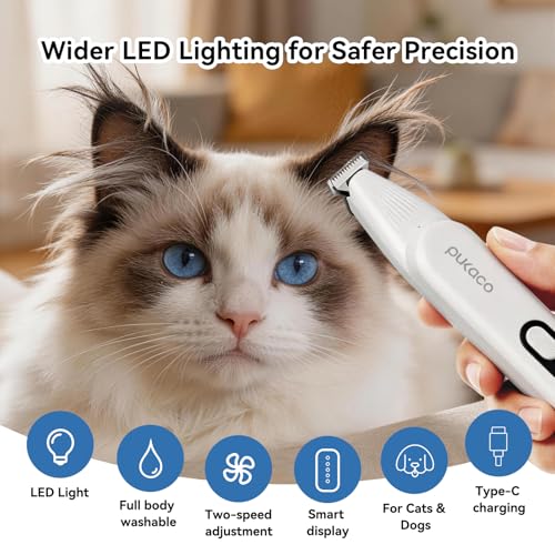 Dog Paw Trimmer, Pet Hair Trimmer with LED Light, 18mm Wide Head, 35dB Low Noise, Dual-Speed Waterproof USB Rechargeable Pet Hair Shaver for Dogs Cats Trimming Paws, Ears, Face, Rump, Eyes and Butt