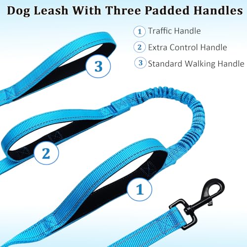 WYuZe 3 Handle Dog Leash 7ft Nylon Bungee Leash with Traffic Padded Handles | Reflective Training Medium Large Dog No Pull Shock Absorbing Comfortable Walking Hiking (7ft, Blue) - color: Blue